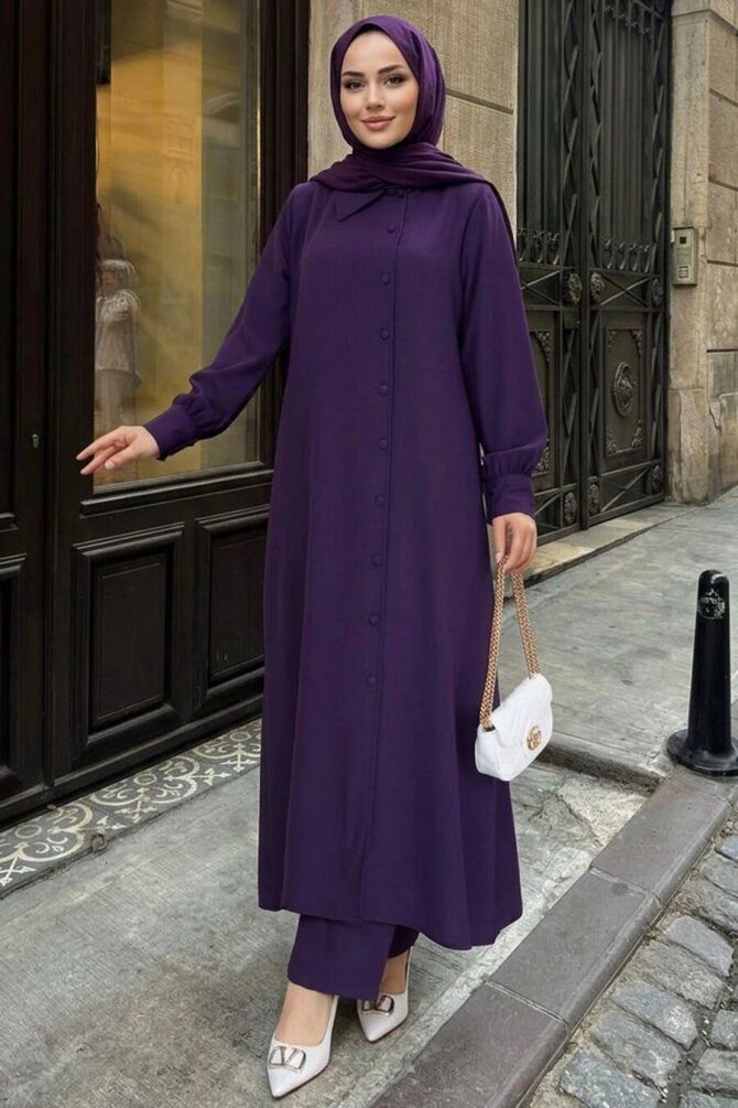 Gömlek Yaka Düğmeli Krep Mürdüm Tesettür Pantolon Takım 11421MU - N.S NEVA STYLE
