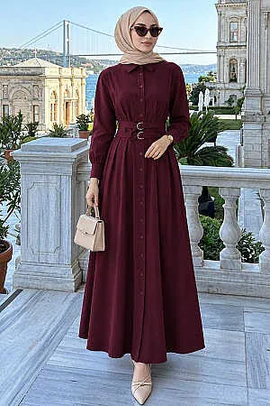 Gömlek Yaka Kemerli Brode Mürdüm Tesettür Elbise 30951MU 