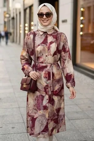 Gömlek Yaka Soyut Desenli Bordo Tesettür Tunik 95725BR 