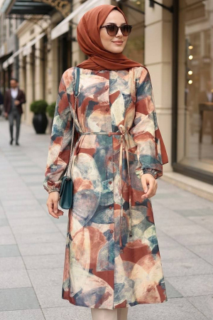 Gömlek Yaka Soyut Desenli Kahverengi Tesettür Tunik 95725KH 