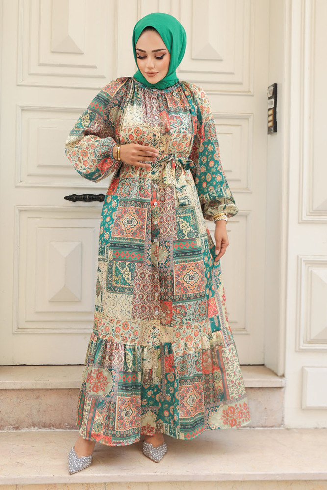 Green Hijab Dress 23155Y - 2
