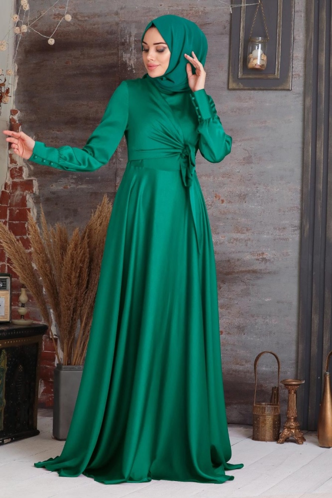 Neva Style - Green Turkish Hijab Evening Gown 1420Y - 1