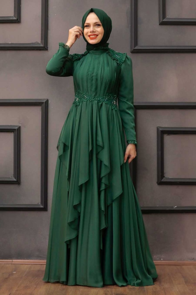 Neva Style - Luxury Green Muslim Long Sleeve Dress 21850Y - 2