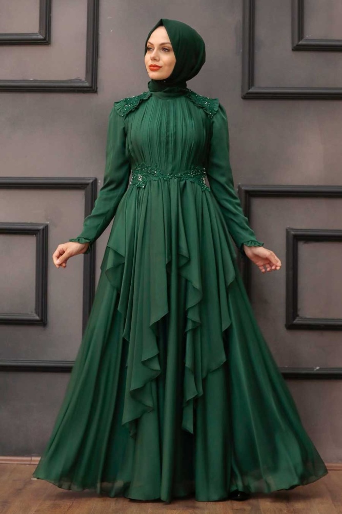 Neva Style - Luxury Green Muslim Long Sleeve Dress 21850Y - 1