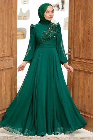 Neva Style - Long Sleeve Green Hijab Dress 22110Y - 3