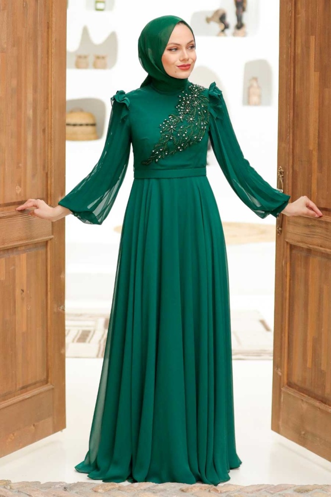 Neva Style - Long Sleeve Green Hijab Dress 22110Y - 2