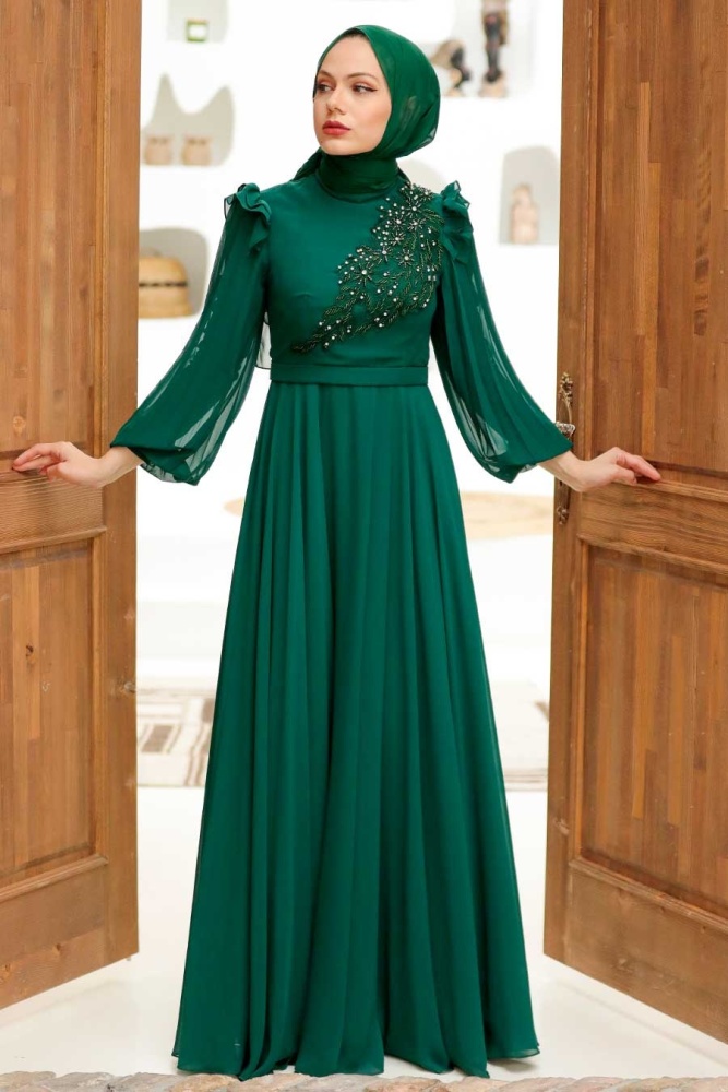 Neva Style - Long Sleeve Green Hijab Dress 22110Y - 1