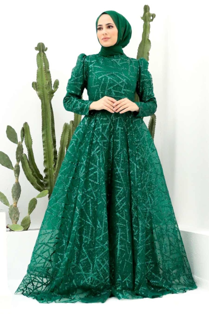 Neva Style - Luxorious Green Islamic Clothing Engagement Dress 22282Y - 1