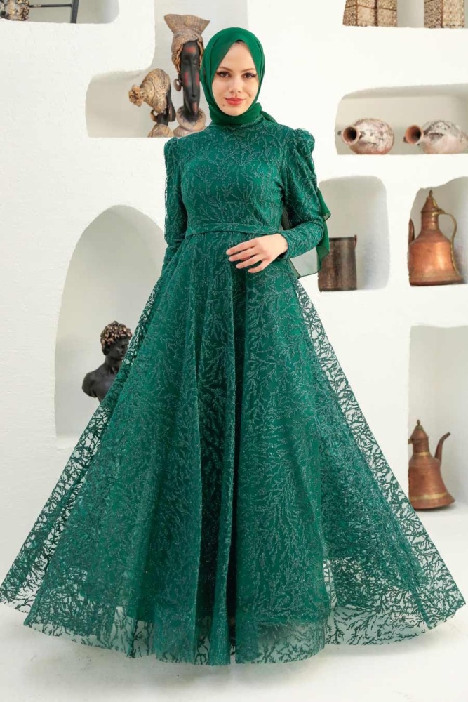 Neva Style - Luxury Green Hijab Wedding Gown 22343Y - 1