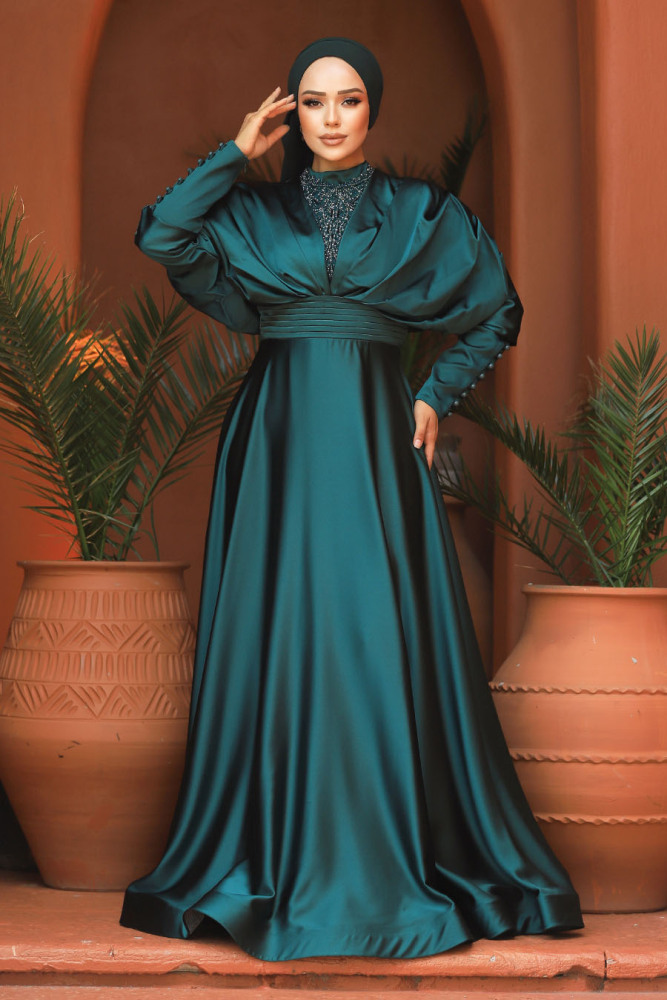 Neva Style - Luxorious Green Modest Islamic Clothing Prom Dress 22451Y - 2