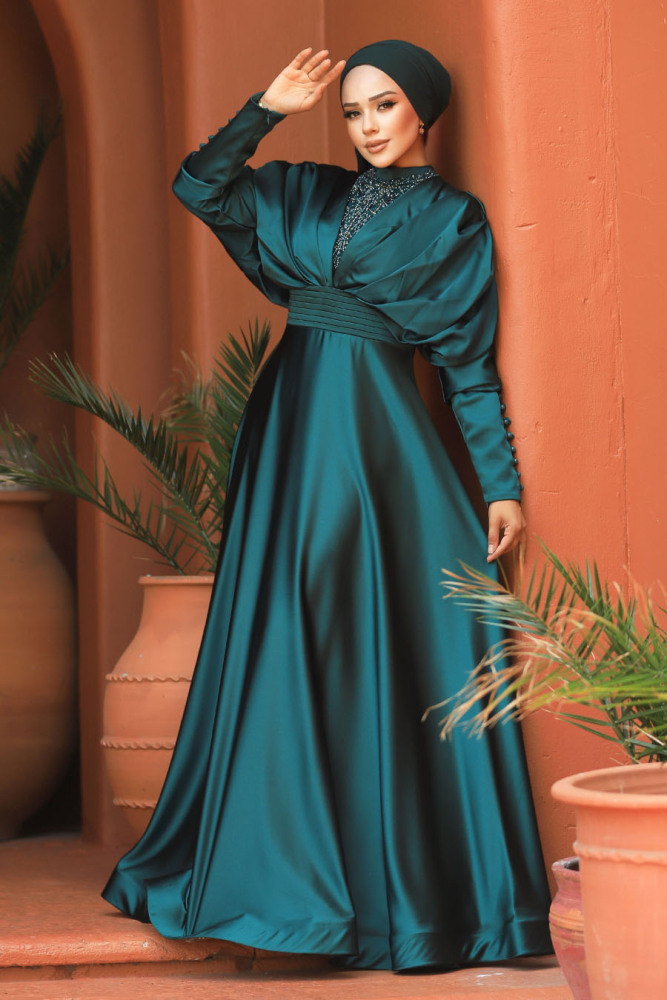 Neva Style - Luxorious Green Modest Islamic Clothing Prom Dress 22451Y - 1