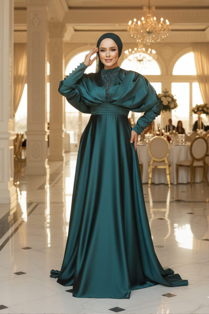 Neva Style - Luxorious Green Modest Islamic Clothing Prom Dress 22451Y - 1