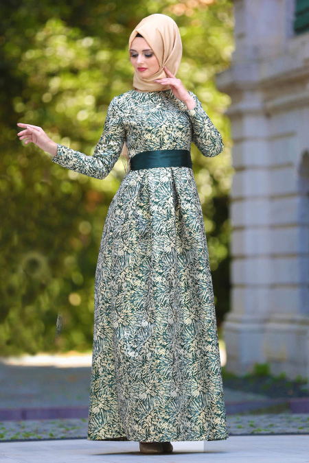 Neva Style - Long Green Islamic Long Sleeve Maxi Dress 24410Y