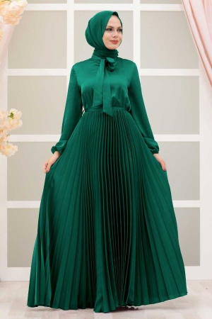 Neva Style - Satin Green Islamic Clothing Engagement Dress 3031Y - 1