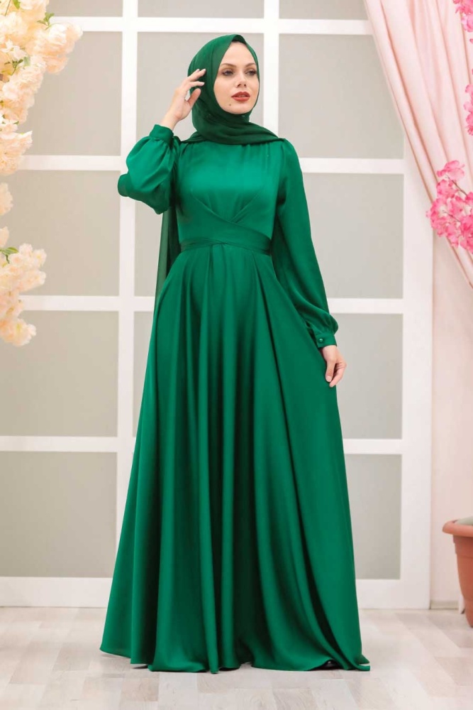 Neva Style - Satin Green Modest Islamic Clothing Wedding Dress 3064Y - 1