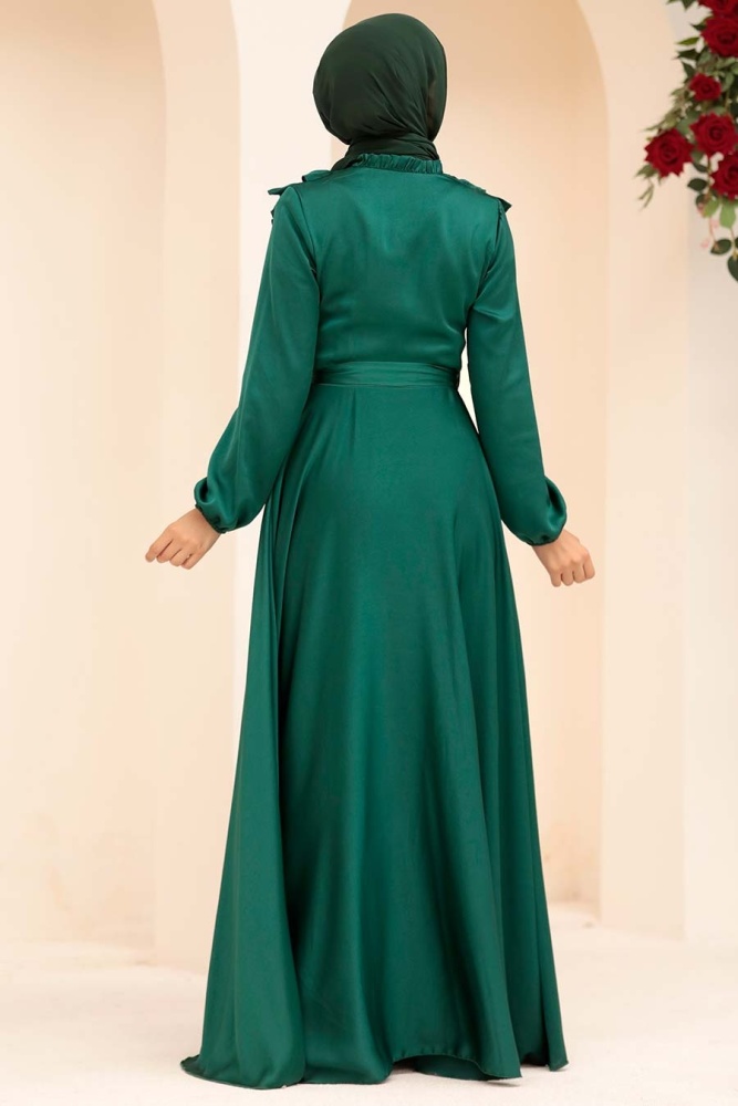 Neva Style - Satin Green Modest Islamic Clothing Wedding Dress 3117Y - 2