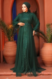 Neva Style - Luxorious Green Islamic Evening Gown 5383Y - Thumbnail