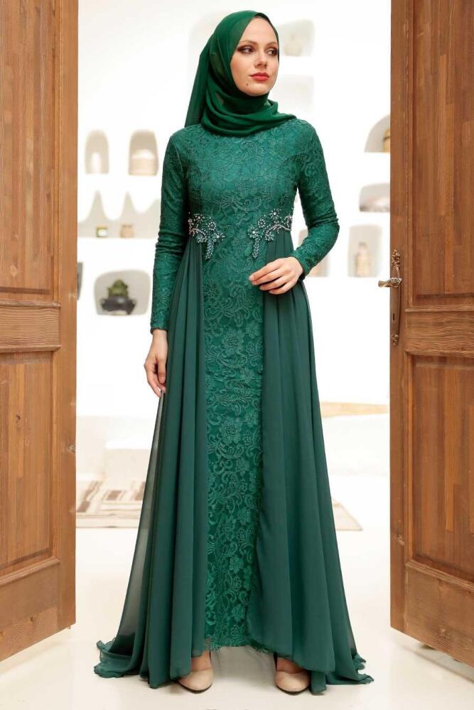 Neva Style - Stylish Green Hijab Wedding Gown 9105Y - 1