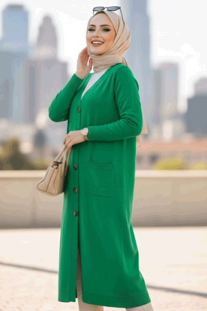 Green Hijab Knitwear Cardigan 33650Y - NEVA STYLE