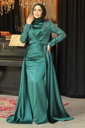 Green Modest Long Satin Dress 43381Y 
