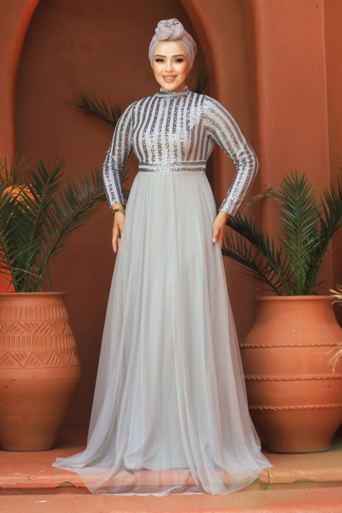 Neva Style - Stylish Grey Muslim Wedding Dress 5338GR - 2