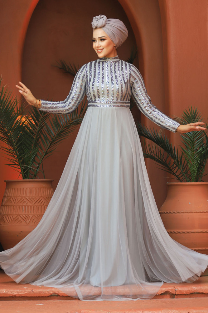 Neva Style - Stylish Grey Muslim Wedding Dress 5338GR - 1