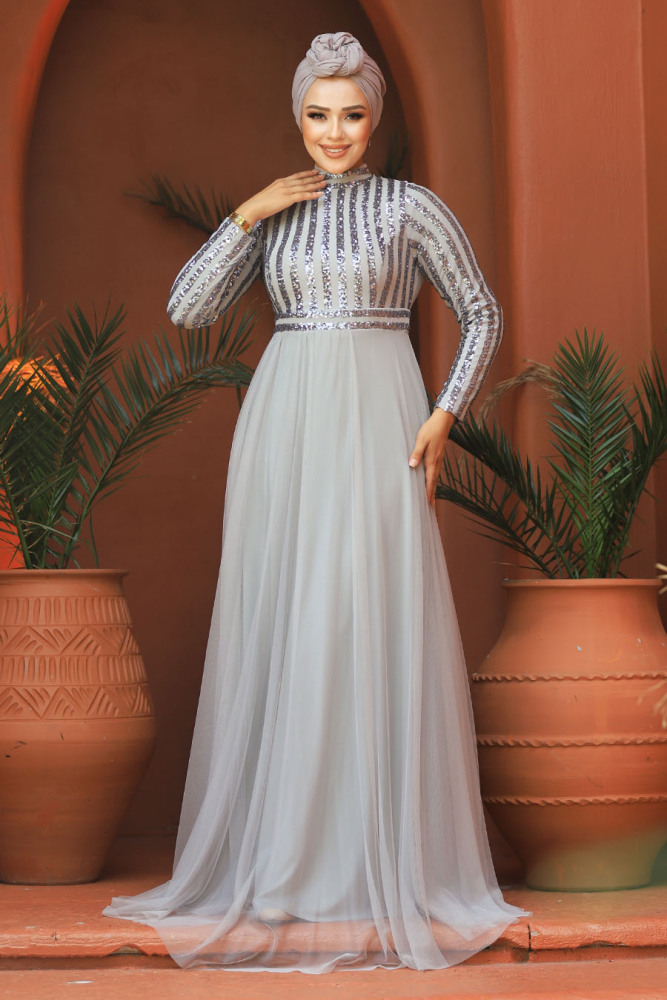 Neva Style - Stylish Grey Muslim Wedding Dress 5338GR - 3