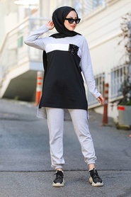 Grey Hijab Dual Suit Dress 90470GR - Thumbnail