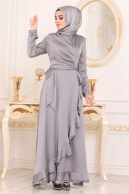 Grey Hijab Evening Dress 2307GR - Thumbnail