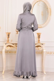 Grey Hijab Evening Dress 2307GR - Thumbnail