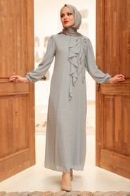 Neva Style - Modern Grey Islamic Long Sleeve Dress 12951GR - Thumbnail