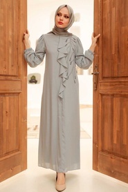 Neva Style - Modern Grey Islamic Long Sleeve Dress 12951GR - Thumbnail