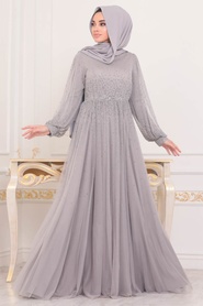 Grey Hijab Evening Dress 21501GR - Thumbnail