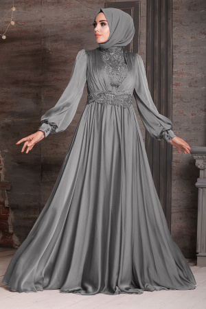 Neva Style - Luxorious Grey Hijab Evening Dress 21540GR - 1