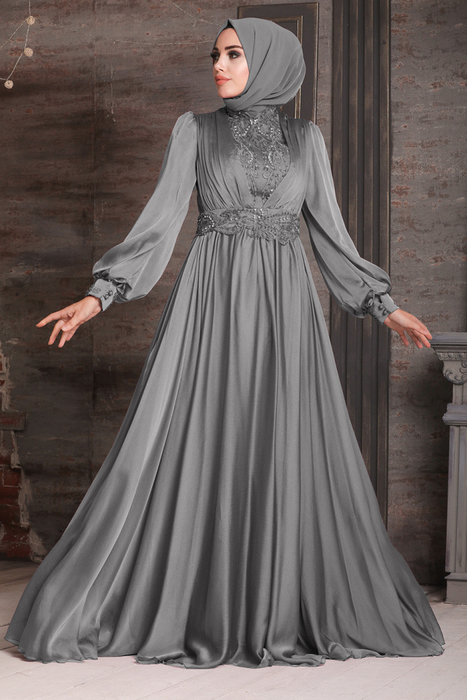 Neva Style - Luxorious Grey Hijab Evening Dress 21540GR - 1