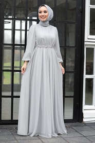 Neva Style - Stylish Grey Muslim Evening Gown 21680GR - Thumbnail