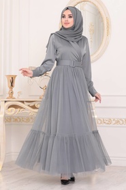 Grey Hijab Evening Dress 22171GR - Thumbnail