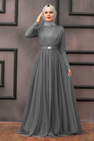 Grey Hijab Evening Dress 23341GR - 1