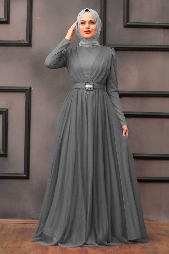 Grey Hijab Evening Dress 23341GR - 1