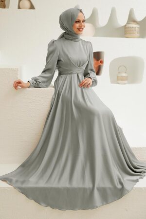 Neva Style - Satin Grey Modest Islamic Clothing Wedding Dress 3064GR - 1