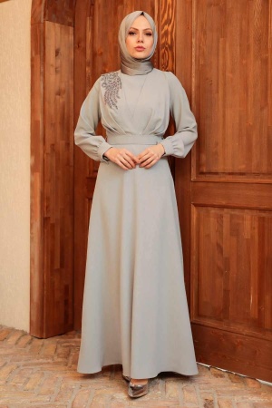 Neva Style - Long Grey Islamic Wedding Dress 3305GR - 1