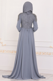 Grey Hijab Evening Dress 40280GR - Thumbnail
