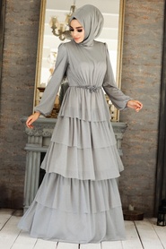 Grey Hijab Evening Dress 40620GR - Thumbnail