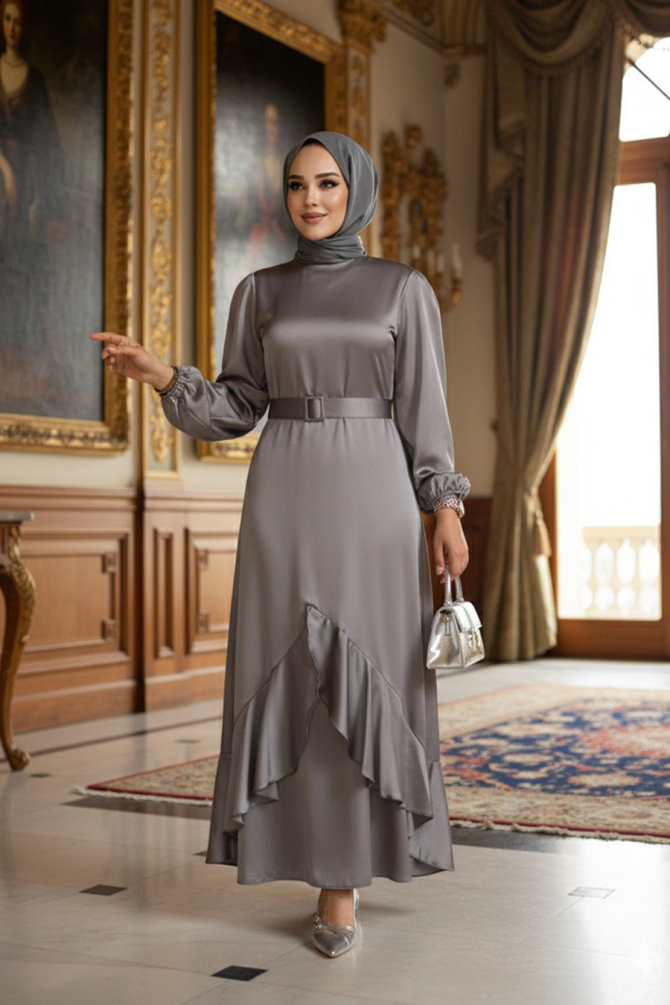 Neva Style - Elegant Grey Muslim Fashion Evening Dress 4566GR - 1