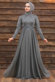 Neva Style - Plus Size Grey Islamic Evening Gown 50162GR - Thumbnail