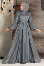 Neva Style - Elegant Grey Islamic Clothing Evening Gown 5215GR - Thumbnail