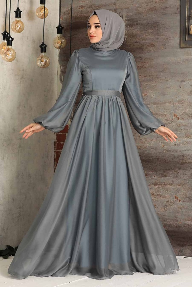 Neva Style - Elegant Grey Islamic Clothing Evening Gown 5215GR - 1