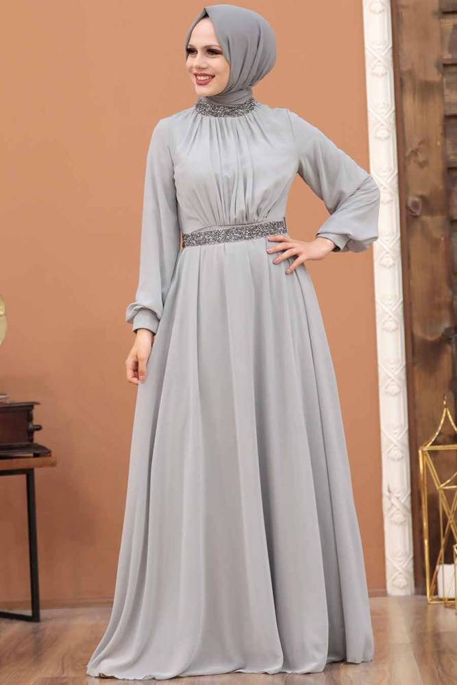 Neva Style - Modern Grey Islamic Clothing Wedding Dress 5339GR - 2