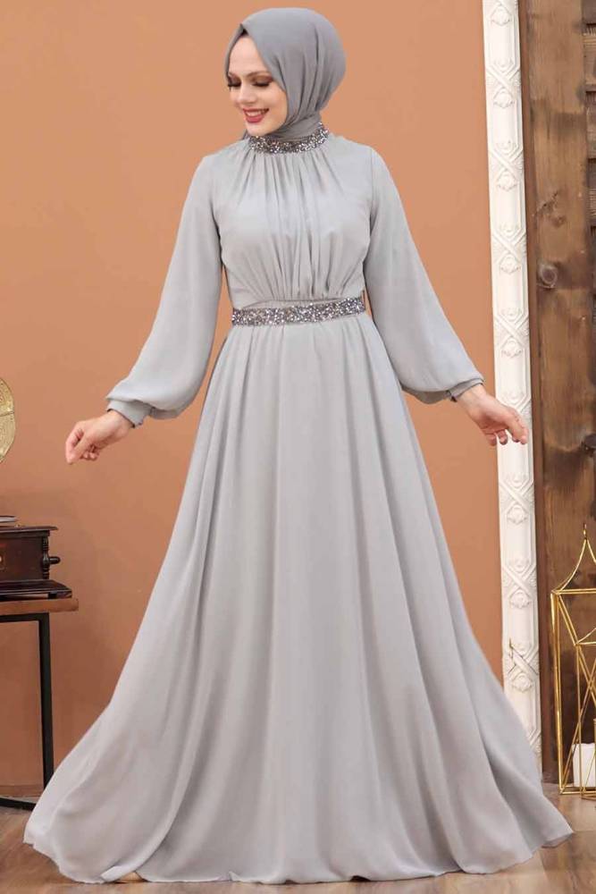 Neva Style - Modern Grey Islamic Clothing Wedding Dress 5339GR - 3