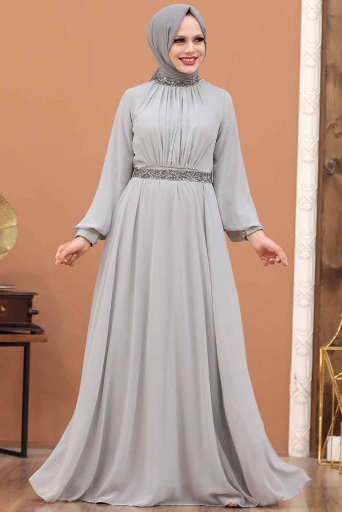 Neva Style - Modern Grey Islamic Clothing Wedding Dress 5339GR - 4